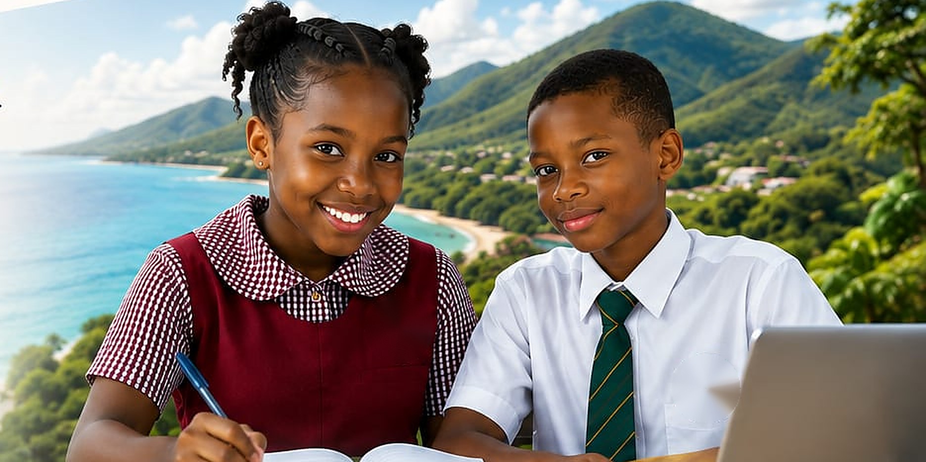 Two smiling Caribbean students in school uniform studying together, with a sunlit coastline and green mountains behind them